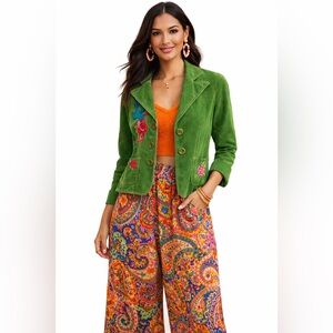 🌹 Ivy Jane Green Corduroy Embroidered Blazer Jacket Boho Western Love‎ Bird M